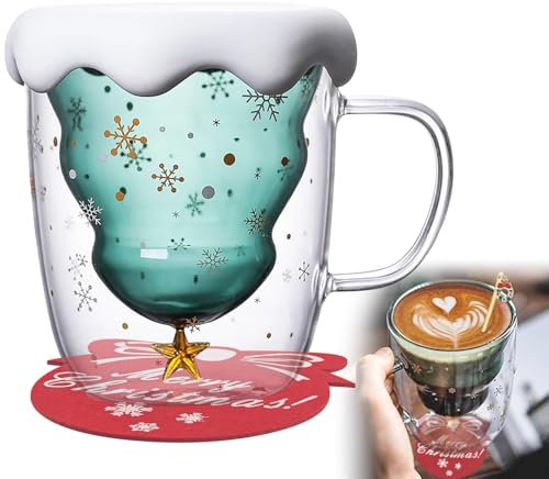 Set de Taza Árbol de Navidad, Taza de Café Taza de Navidad, Taza de Cristal Doble, Taza de Navidad con Tapa, con Cuchara y Posavasos, 300ml