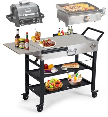 Annualing Stainless Steel Portable Outdoor Grill Cart,Foldable Griddle Table with Wheels,41×17 inch,2-Layer Storage Rack,for 17/22in Blackstone Griddle,Ninja Woodfire Grill,Pizza Oven