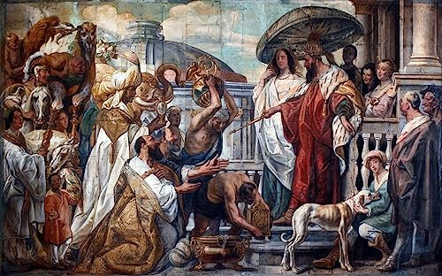 IPLUPJDY Leinwand Poster Wandbilder Kunst Gemälde WandgemäLde die Gesandten des Kalifen Harun Al Rashid bieten Karl dem Großen eine Uhr von Jacob Jordaens für Wanddekoration 60x90cm