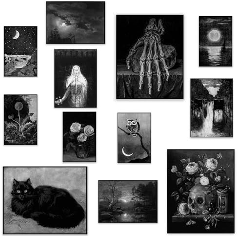 KONGSY Wandkunstdrucke, Set mit 12 ungerahmten, gruseligen Postern, Grunge-Heimdekoration, gruselige Bilder, schwarz-weiße Kunstdrucke, Vintage-Zimmer- und Hexendekoration, ästhetisch für