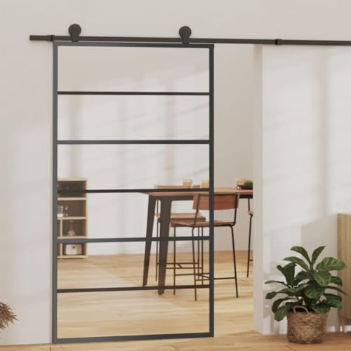 Prissent Porta Scorrevole in Vetro ESG e Alluminio 102x205 cm Nera Con Telaio Per Camera Da Letto e Cucina