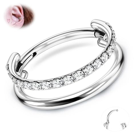 BelleVive G23 Titan Knorpelohrring gestapelter Clicker 16G CZ Doppel-/Dreifach-Septumringe Conch-Piercingschmuck Tragus, Helix-Ohrringe Nasenringe Creolen für Frauen Silber, 12 mm