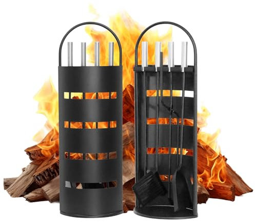 Mucola Kaminwerkzeug-Set 6-teiliges Hochwertiges Kaminzubehör mit praktischer Halterung für Haushalt & Küche Kaminbesteck mit Ständer Schwarz Kamingarnitur