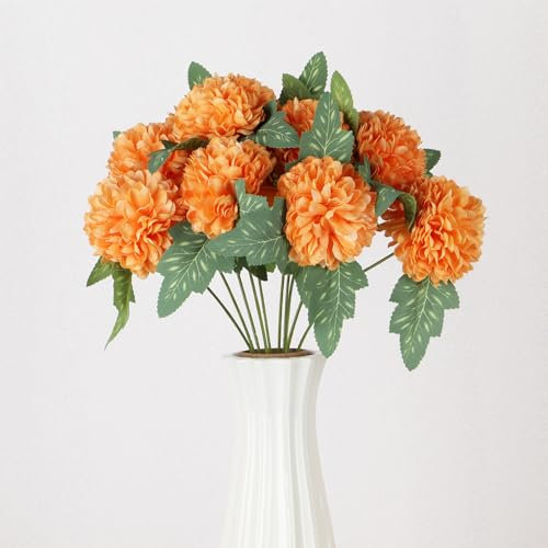 10 palline di crisantemo artificiali, fiori di ortensia artificiali, arancioni, decorazione per la casa, bouquet di nozze, centrotavola (29 cm di lunghezza)