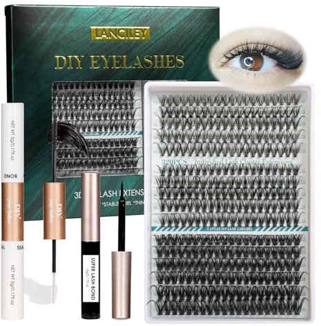 Cluster Lashes Kit 320PCS 11-20MM 30D+40D+60D DIY Lash Extension Kit Fluffy Natuarl Eyelash Clusters Wispy False Eyelashes D Curl Individual Eyelashes with Lash Bond & Seal & Eyelash Glue & Tweezers