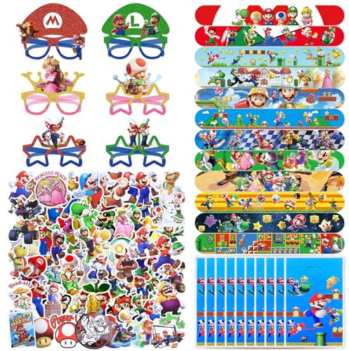 Dekewe 84 Stück Super Mitgebsel Kindergeburtstag, Super Mitgebsel Geburtstag mit 12Stück Slapbands, 50Stück Aufkleber, 12Stück Brillen und 10Stück Partytüten für Geburtstag Mitgebsel Kinder