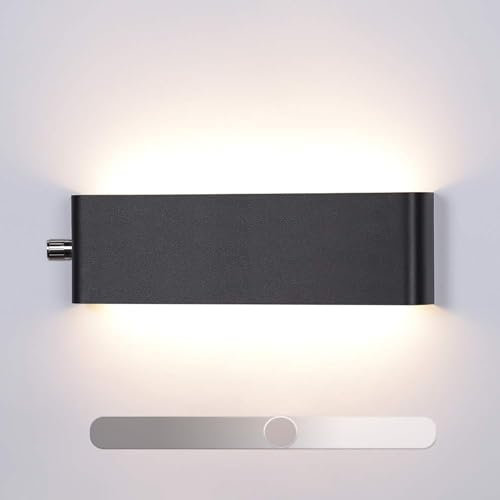 Wandleuchte Innen Dimmbar LED Wandlampe mit Dimmer Schalter Einstellbare Helligkeiten Wandbeleuchtung Moderne Up und Down Leuchten für Wohnzimmer Schlafzimmer Flur (Schwarz Warms Licht,31CM 16W)