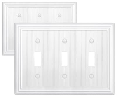 ZILLSEA Lot de 2 caches d'interrupteur à triple bascule, blanc pur, couvercle de plaque d'interrupteur en métal, design classique en bois perlé, 3 bandes, 17 x 12 cm, taille moyenne