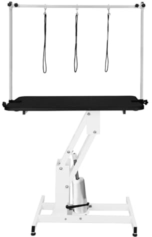 Hydraulischer Hundepflegetisch – Höhe 55–101 cm, Tragfähigkeit 180 kg, weiß – schwarze Platte, rutschfest 106 x 61 cm, weißer Stahl, Nivellierfüße, 3 Leinen