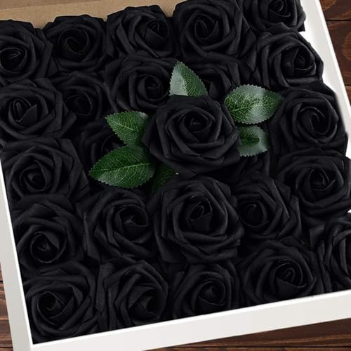 Higfra Fiori artificiali, 50 steli di rose realistiche, fiori finti realistici per bouquet da sposa, decorazione per baby shower, centrotavola per la casa, composizioni floreali fai da te (nero, 50