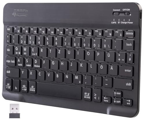GeneralKeys Smartphone Tastatur: 2er Kompakte Multi-Device-Akku-Funktastatur mit Bluetooth, QWERTZ (Tastatur Tablet, Bluetooth, Funktastatur deutsch)