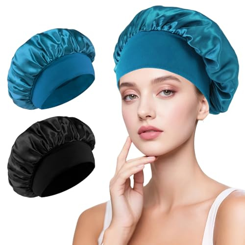 2 Pièces Bonnet De Nuit Satin, Capuche de Sommeil Élastique et Ajustable pour Femmes & Hommes, Bandeau de Nuit Réutilisable pour Cheveux Bouclés, Idéal pour Soins Capillaires(Noir & Bleu paon)