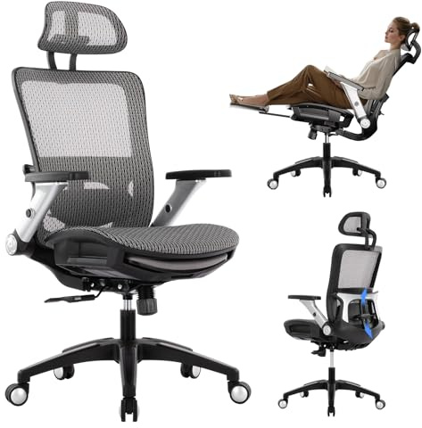 COLAMY Ergonomic Mesh Office Chair with Footrest - High Back Computer Desk Chair with Headrest, 4D Flip-up Armrests, Adjustable Tilt Lock, and Lumbar Support for Ultimate Comfort, Black (Grey)