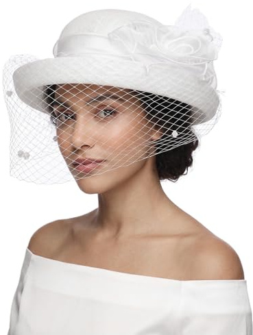 JIAHG Chapeau Derby en Organza avec Voilette Vintage Chapeau Bibi avec Fleurs Dame Demoiselle Chapeau de Mariage Chapeau Melon d'église UV Protection Solaire
