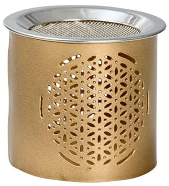 LivuX Räucherstövchen aus Eisen matt Gold – Höhe 6 cm – Mit Blume des Lebens Gravur – Rundes Teelicht-Räuchergefäß für Weihrauch & Duftmischungen 1220