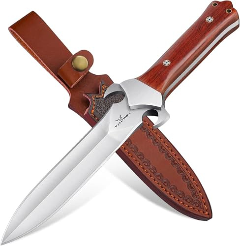 TAN REN Bushcraft Messer mit Lederscheide, Outdoormesser Full Tang mit Feststehender D2 Stahlklinge 60 HRC und Birnenholzgriff, Survivalmesser für Camping, Wandern, Jagd, Trekking, Geschenk für Männer