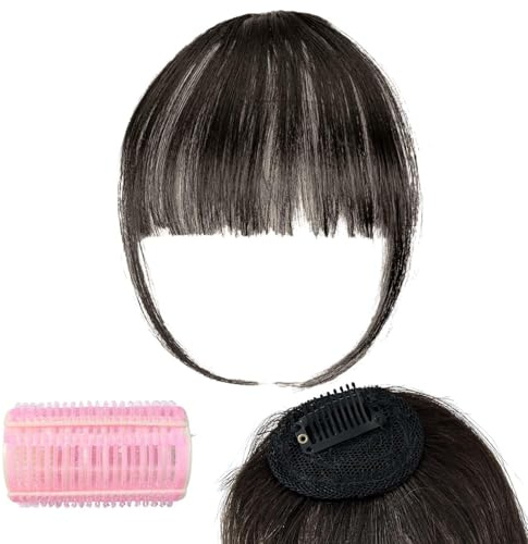 100% Echthaar-Clip-in-Pony für Damen – Natürlicher Look mit Pony, Schläfen, feinem oder geschwungenem Pony (Bräunlich-Schwarz)
