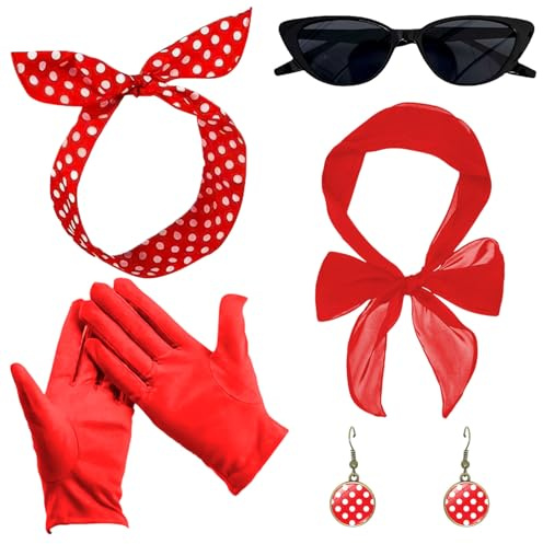 SNBUHA 5 Stück Rockabilly Accessoires 50er, 50er Jahre Damen Kleid Zubehör mit Chiffon Schal Polka Dot Stirnband Katzen Auge Brille Rot Handschuhe Ohrringe, 1950s Kostüm Damen Zubehör für Karneval