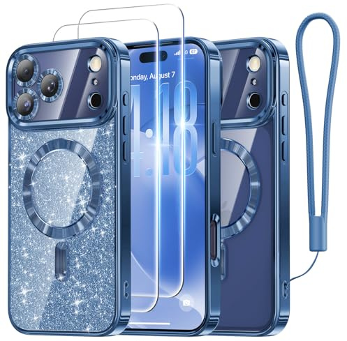 Meifigno Entwickelt für iPhone 17 Pro Max Hülle 6,9, [Glitzer Karte & Handykette] [Kompatibel mit MagSafe] [2X HD Schutzfolie] Vollständiger Kameraschutz für iPhone 17 Pro Max Hülle, Blau