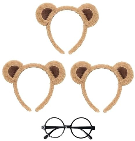 MAJSHDIO 3 Stück Streifenhörnchen-Ohren und 1 Schwarze Runde Brillenrahmen，Bären Ohren Haarreif für Tierkostüm Cosplay Halloween Karneval Weihnachten Kostüm Partyzubehör