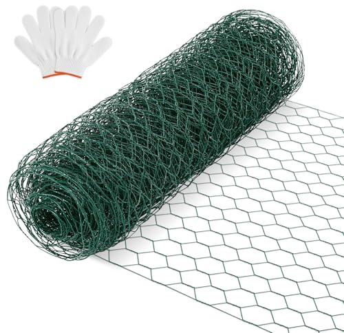 Daromigo Valla de malla hexagonal galvanizada de 27 mm – Alambre para conejos, valla para pollos para jardín y animales, incluye guantes, resistente, malla fina, longitud 52 m, altura 100 cm, color