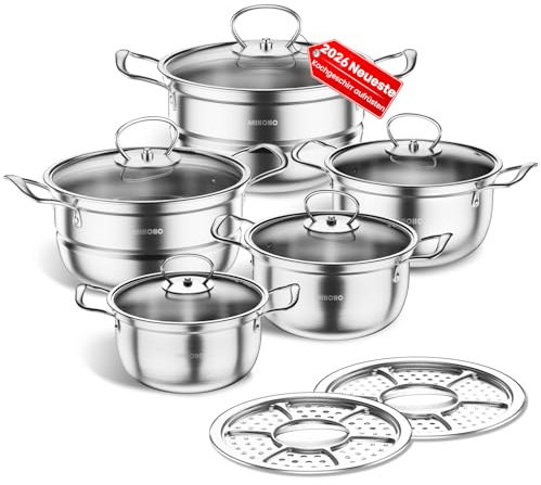 Topfset aus Edelstahl, Großes Kochgeschirr Induktion-Kochtopf-Set, Töpfe mit Glasdeckel und Stielkasserolle, 12-teilig, Töpfe Set Geeignet für alle Herdarten, unbeschichtet (Hellgrau D)