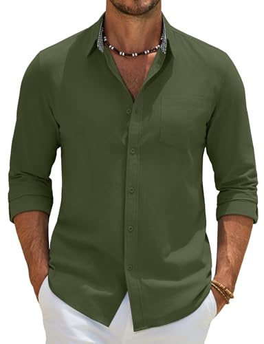 COOFANDY Mens Shirts Long Sleeve 100% Cotton Plaid Collar Olive Green L