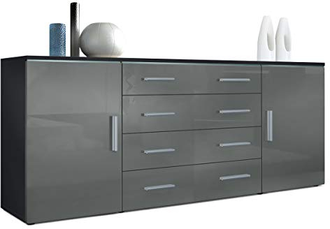 Vladon Sideboard Faro V2, Made in Germany, Kommode mit 2 Türen und 4 Schubladen, Schwarz matt/Grau Hochglanz (166 x 72 x 35 cm)