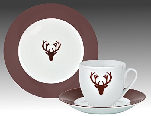 Van Well Hirsch Bordeaux Kaffeeservice, 18-TLG. für 6 Personen, Kuchenteller + Kaffeetasse und Untertasse im Set, edles Marken-Porzellan, Weihnachtsdekor