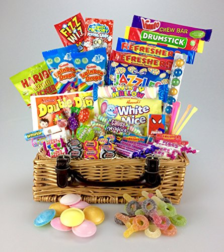 Retro Sweet Hamper 12 Real Wicker Basket Gift - Present Large Selection Flying Saucers, Chocolate Jazzles, White Mice, Sour Sweets, - Unique Gift -Birthday Mum Grandma Nan