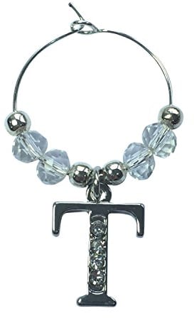 Libby's Market Place Rhinestoned and Personalised Letter T Wine Glass Charm on a Gift Card