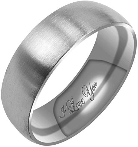 Everstone Ehering für Herren und Damen, matt und gebürstet, kuppelförmig, Titan, Farbe Platin, graviert I Love You, Titan, Kein Edelstein
