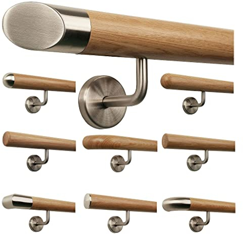TIBU Eiche Holz Handlauf Geländer 0,3m - 6m, Länge 470 cm, schräges Edelstahlendstück und 6 gewinkelte Halter
