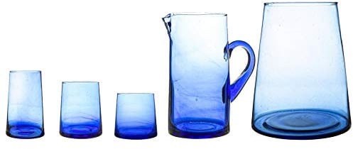 Nicola Spring 20pc Recycled Glassware Set - Blue - Hand-Blown Moroccan Glass Tumblers, Highballs, Jug & Vase - Sustainable Eco-Friendly Drinkware for Juices, Cocktails, Water, Home, Bar
