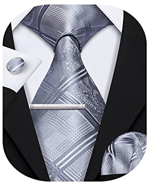 Barry.Wang Herren Krawatte Set Seiden-Geschäfts-Streifen Plaid-Krawatten-Set mit Taschentuch Manschettenknopf für Hochzeit Formell