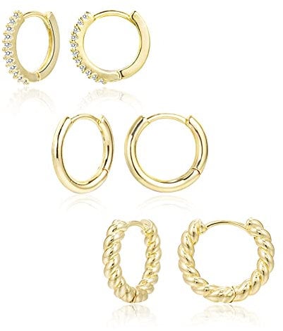 KISSPAT 3 Pairs Gold Huggie Hoop Earrings Set for Women | 14K Gold Plated Small Gold Hoop Earring Packs