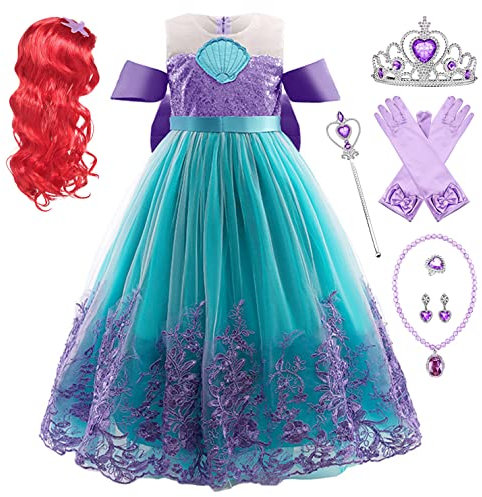 YOSICIL Mädchen Kleine Meerjungfrau Ariel Kinder Prinzessinnenkleider mit Zubehör Cosplay Verkleidung Weihnachten Halloween Karneval Fasching Kostüm Outfits Partykleider, Grün, 120