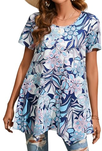 Enmain Tunic Tops for Women UK Summer Short Sleeve Swing T Shirt Plus Size Ladies Tunics for Leggings Hanky Hem Casual Loose Round Neck Blue Pink Blouse T-Shirts 3XL