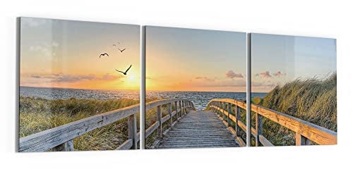 DEQORI Glasbilder Echtglas | Motiv Dünenweg zum Meer | horizontal 3-teilig 150x50 cm | große XXL Deko | Wandbilder für Wohnzimmer, Schlafzimmer, Flur & Küche | moderne Wanddeko