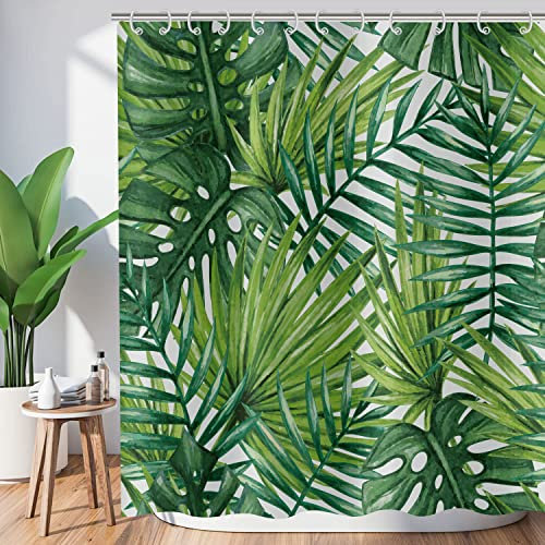 Hnmdmyi Tenda da doccia foglie tropicali 180x200, verde foglie di palma tende da doccia giungla pianta botanica tenda da bagno impermeabile poliestere tessuto lavabile tenda da bagno con ganci