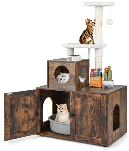 GOPLUS Arbre à Chat avec Bac à Litière, Coussin, Balle Suspendue, Niche, Griffoir en Sisal, Conception Anti-Bascule, Style Industriel, 77,5 x 49 x 132 cm, Marron Rustique