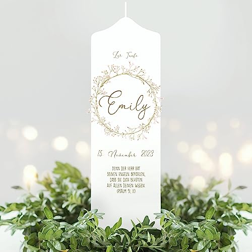 Wandtattoo Loft Taufkerze Kerze Junge Mädchen Kranz aus kleinen Gypsophila Blumen pastell mit Namen, Datum und ggf. Taufspruch, Kerze 25x7 cm