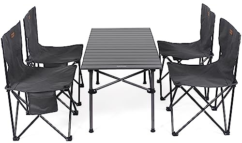 Rainberg Foldable Camping Table Set with 4 Chair, Outdoor Indoor Use for BBQ, Picnic, Garden Parties, Foldable Portable Design. (Table with 4 Chairs, Grey)