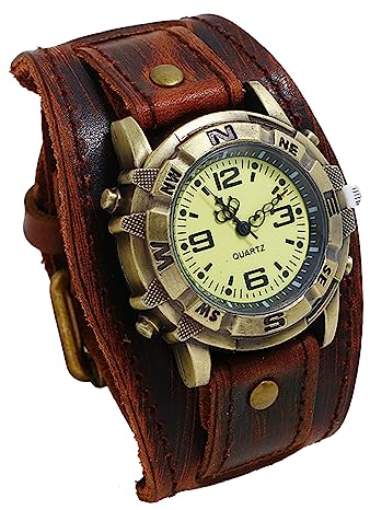 Avaner Armbanduhr Herren Uhren Dunkelbraun Punk-Stil Steampunk Armband aus Leder Halloween Cosplay Lederuhr für Männer