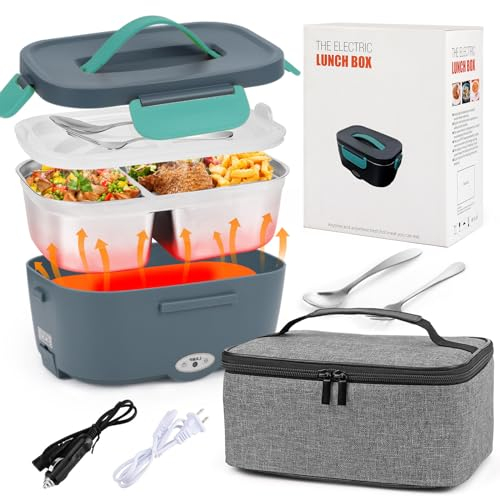 GuKKK Fiambrera Eléctrica 1.5L, Calentador de Comida Electrico 12/24/220V 3 en 1 para Coche Camión y Trabajo, Termo Comida Caliente Extraíble con Bolsa Térmica y Cubiertos de Acero Inoxidable