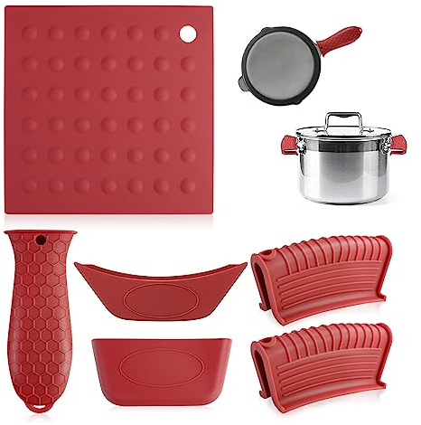 6Pcs Red Cast Iron Handle Covers Heat Resistant, Silicone Rubber Mats Heat Pads, Silicone Assist Handle Holder, Hot Skillet Handle Covers Pot Grip, Nonslip Pan Holder Sleeve for Cookware (Red)