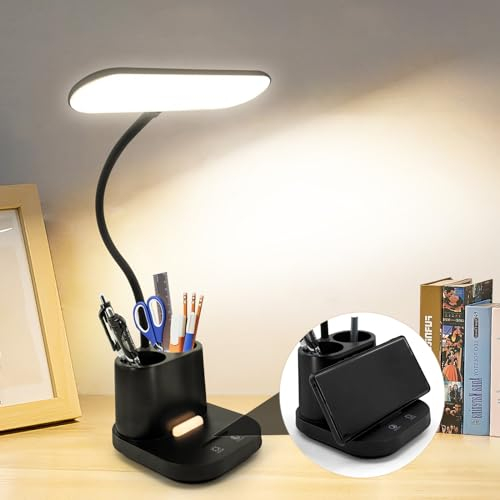Schreibtischlampe LED, Tischlampe Superhelle Dimmbar, Stifthalter & Handyhalter, 3 Farben, Augenschutz Nachttischlampe, Schwanenhals Touch-Schalter Desk Lampe USB-Anschluss für Arbeit, Lesen, Büro