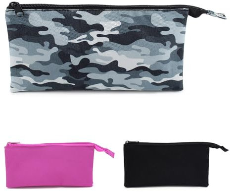 Fashion Stationery Black Triple Pocket Pencil Case Camo White Grey Flat Zipper Pencil Pouch for Boys Girls Teenagers Pencil Cases for Secondary and High School (Grey)