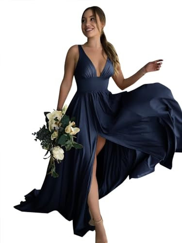 Babyonlinedress Babyonline D.R.E.S.S. Robe de Cocktail Longue au Sol Chic avec Fente Robe Femme Longue pour Cérémonie Bleu Marine 44