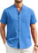 Enlision Mens Cotton Linen Shirts Royal Blue Summer Collarless Grandad Shirts for Men Short Sleeve Casual Henley Top Button Down for Wedding Beach Party L